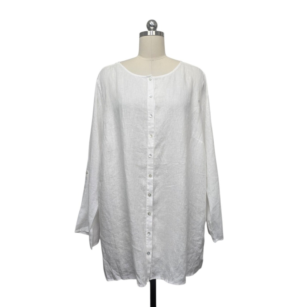 Tahari White 100% Linen Button Down Tunic Blouse Long Sleeve Round Neck Top 3X